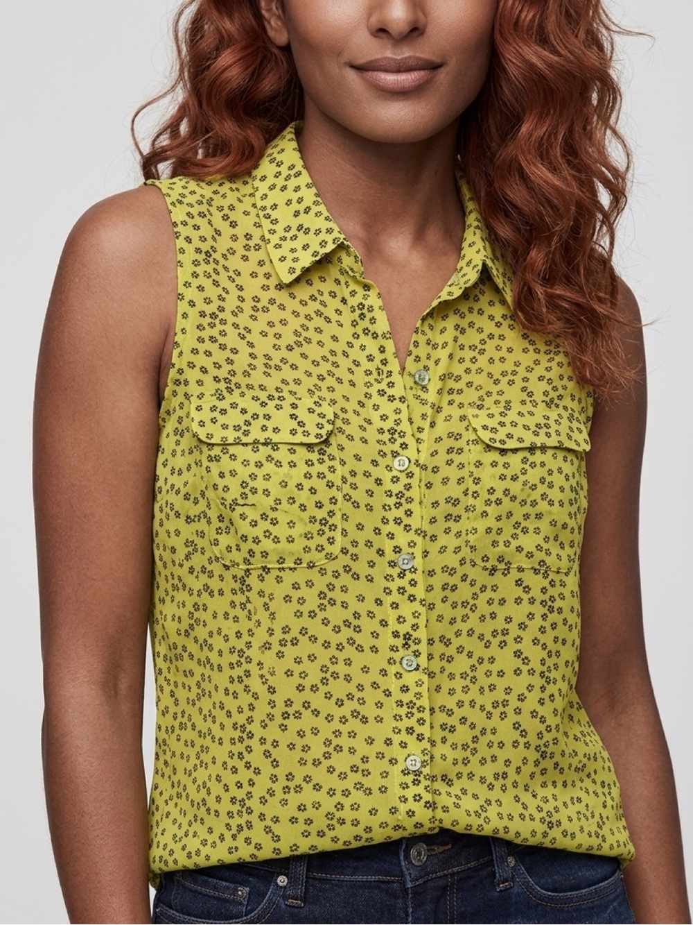 CAbi Viola Yellow Sleeveless Button-Front Black Floral Daisy Print Tank